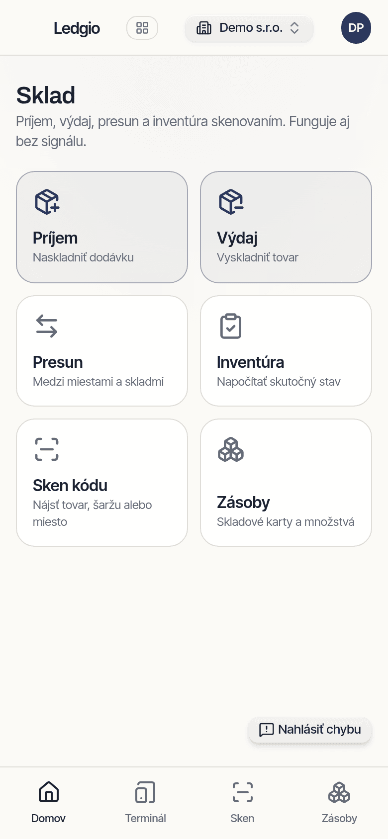 Domovská obrazovka aplikácie Ledgio Sklad