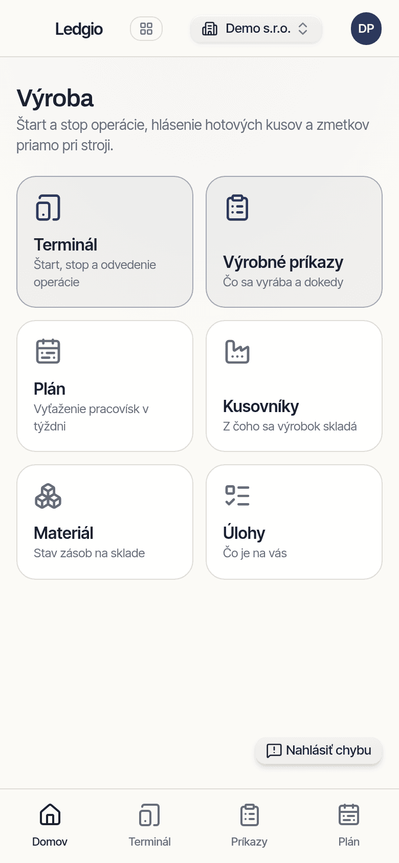 Domovská obrazovka aplikácie Ledgio Výroba